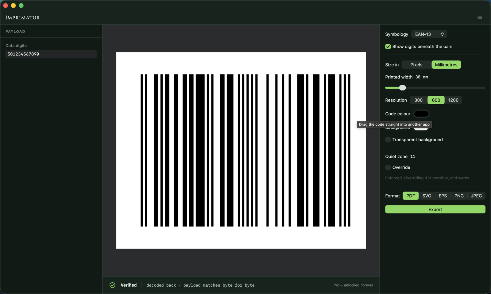 Export, in vector, at a size measured in millimetres